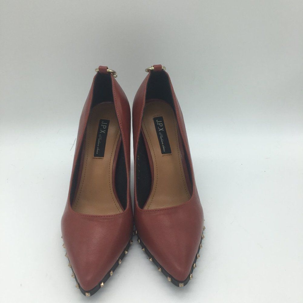 Red Sexy Slip On Pointed Toe Pumps Chunky Mid Heels with Rivets